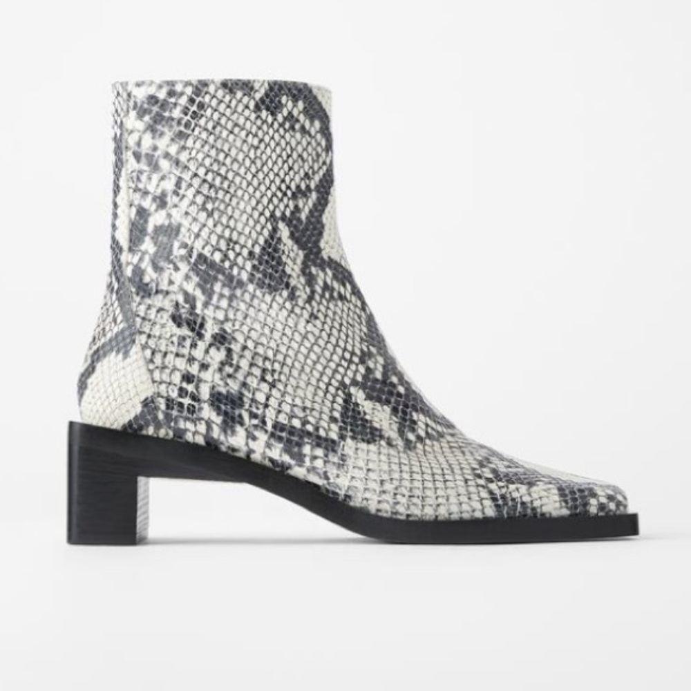 Zara snakeskin heeled square toe ankle boots